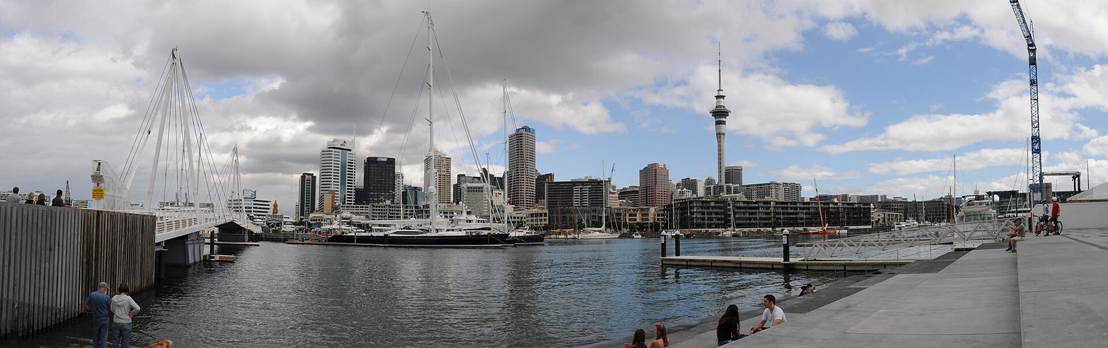 Auckland CBD skyline and Sky Tower seen from Viaduct Harbour